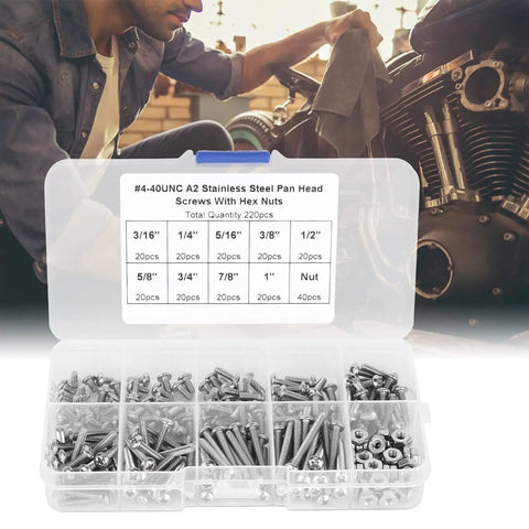 Dope 304 stainless steel pan head screws with hex nuts and washers set for serious machinery hardware maintenance, featuring assorted screws kit.