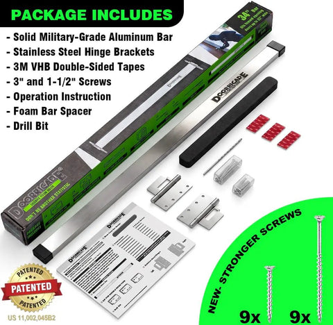 Heavy Duty Security Door Bar For Inward Opening Doors Up To 32 Inches Marine Grade Aluminum parts including screws, brackets, and instructions.