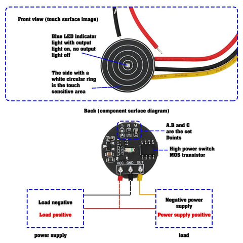 Front and back views of Two Pack DC 3 To 24V 10A Capacitive Touch Switch Module for touch switches and LED lighting modifications.