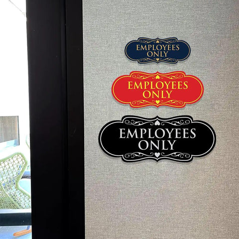 Employees Only Sign For Offices And Shops In Brushed Gold Finish Large Size Easy To Install Workplace Safety Sign For Restricted Areas In Busy Workspaces installed on a wall; brushed gold material visible.