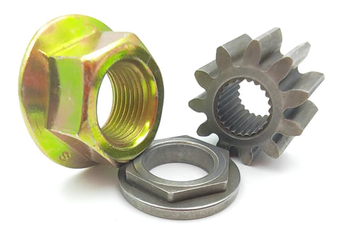 Steering Shaft Pinion Gear Bushing And Spindle Blade Lock Nut To Squash Shimmy On RZT Zero Turn Mower OEM Replacement showing hex nut and gears.