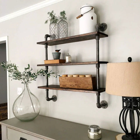 Wall-mounted shelf using 3/4 Inch By 14 Inch Black Painted Iron Pipe Nipple, 10 Pack, Threaded Metal Pipe for DIY furniture projects