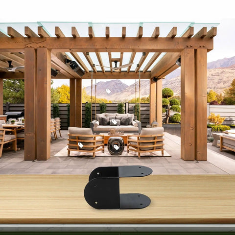 Heavy Duty Black Steel Post Cap Bracket For 4x4 Wood Posts on a wooden table in a stylish outdoor patio setting.