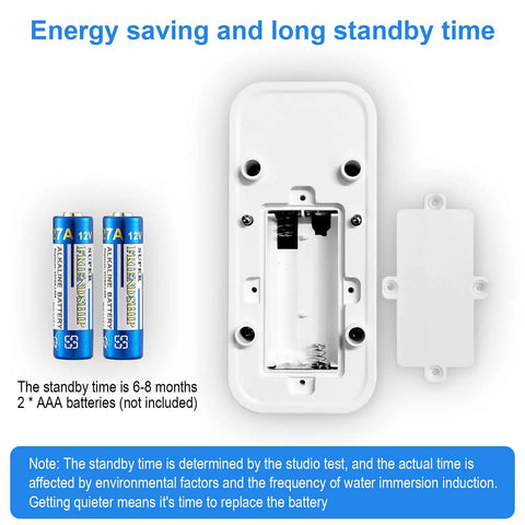 Wireless Water Leak Detectors With 90dB Alarm, battery compartment and AAA batteries shown, for kitchen, bathroom, or basement use