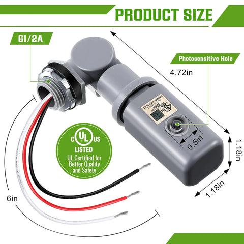 Outdoor Photocell Sensor For Dusk To Dawn Lighting, 120 To 277VAC 50 60 Hz Swivel Mount, close-up showing dimensions and UL certification