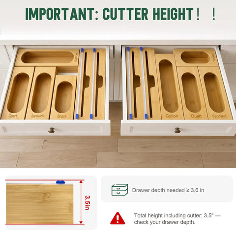 Premium Bamboo Kitchen Drawer Organizer With Five Slots For Snack Quart And Gallon Bags Plus Foil And Wrap Holder dimensions in a kitchen drawer.