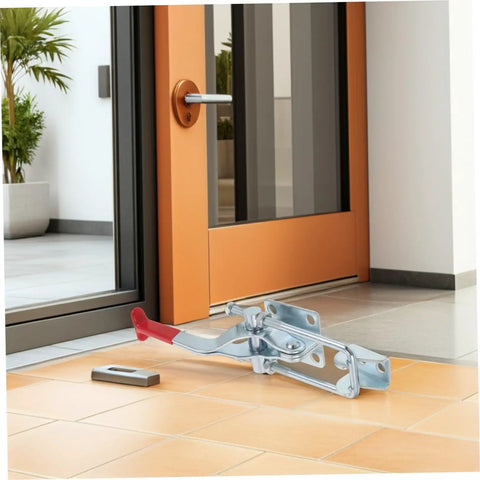 Heavy Duty Toggle Latch Clamp Set Of 2 With 2183 Lbs Holding Capacity Anticorrosive Galvanized Iron Quick Release Pull Latch For Toolbox And Drawer Chests Built To Last Tough As Nails Ready To Roll. Close-up of galvanized iron toggle latch clamp with red handle for door use