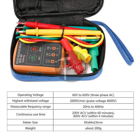 Three Phase Sequence Tester With LED Indicator And Buzzer For 60V To 600V AC A Pro Grade NoNonsense Gear For Detecting Phase Presence And Rotation Compact Electric Meter For Industrial Checks, with leads in case