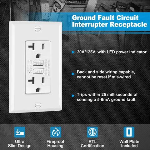 10 Pack Slim 20 Amp GFCI Outlet Receptacle With LED Indicator 125V, Wall Plate Included, ETL Certified features and details.