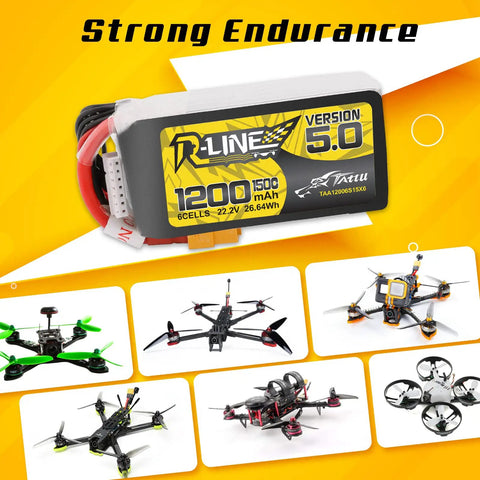 R Line Version 5.0 6S LiPo Battery Pack 22.2V 150C 1200mAh With XT60 Plug shown with RC cars and drones