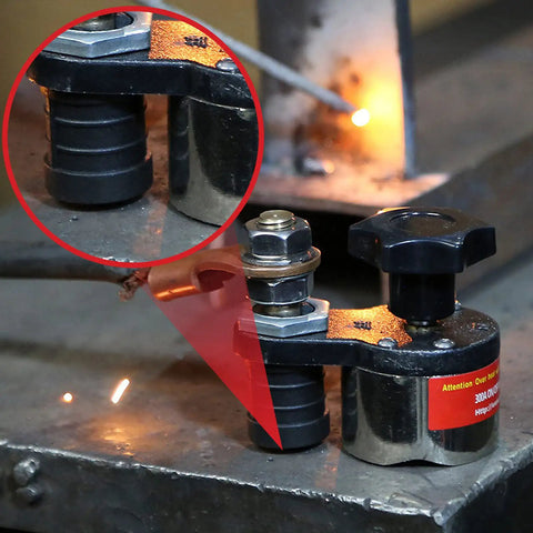 Magnetic Welding Ground Clamp With On And Off Adjustable Switch Switchable Grounding Magnet Connector in use during welding