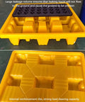Oil Spill Containment Tray For Warehouses, Modular Polyethylene Pallet With Drain, shown in yellow, with anti-slip surface, stackable
