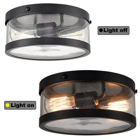Black Drum Flush Mount Ceiling Light Fixture With Seeded Glass Creates Rustic Farmhouse Vibe For Porch Hallway And Bedroom Perfect For Any Space With Warm Glow And Industrial Charm, shown with and without light, 11.02"D x 4.77"H