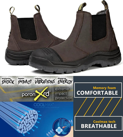 Soft Toe Waterproof Slip On Work Boots For Men With Wide Toe Box Slip Resistant Anti Static Safety Shoes displayed with comfort features