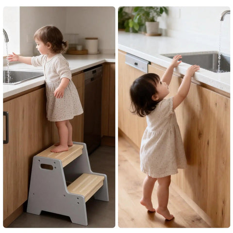 A child using a Rock Solid Wood Two Tier Step Stool For Kids Built Tough With Slip Secure Bottom Pads For Bathroom Sink And Kitchen Counter.