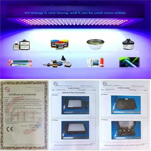 Built Tough 5600W Led UV Cure Light For 3D Resin And Gel Polish Cool Beam Tech Zero Heat Stress Legit Quick Dry Workhorse Ultraviolet Lamp For Inks And DIY Crafts with tools and certification images.