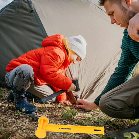 Heavy Duty Tent Stakes and Pegs Kit with Windproof Ropes and Hammer Storage Bag Included for Camping in use by child and adult