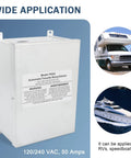 RV Automatic Transfer Switch 240VAC 50A 70A Neutral Pre Wired For Shore Power To Generator Or Inverter Emergency Backup Power Switch For RVs Boats And Big Power Equipment, white metal enclosure