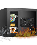 Heavy Duty Home Safe With Fireproof And Waterproof Protection Digital Security Safe With Key And Combo Lock Ideal For Storing Firearms Meds Documents Cash And Valuables In A 2.0 Cu Ft open showing interior compartments with fire and water resistance.