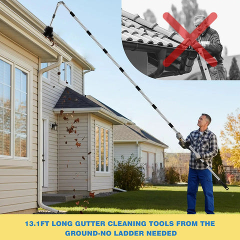 Ground Level Gutter Cleaner Kit With 13.1Ft Adjustable Pole, 180 Degree Pivoting Head, Replaceable Brush in use from ground