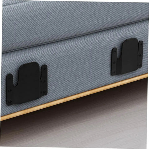 Heavy Duty 4 Piece Iron Sectional Sofa Connectors, No Sweat Install Couch Joint Brackets, black brackets on grey fabric couch.