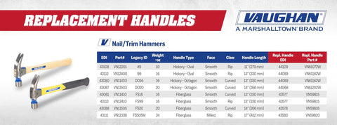 Replacement handles banner with two hammers and table, Vaughan brand, hickory and fiberglass handles shown.