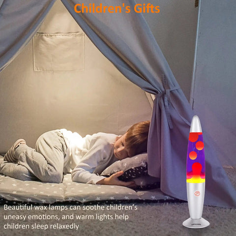 Dope Motion Lava Lamp 13.5 Inch With Silver Base, Orange Wax In Purple Liquid, Magma Style Nightlight next to child in tent