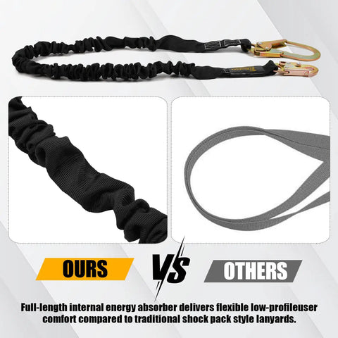 Safety Harness Lanyard Retractable for Fall Protection and Tree Climbing, 6 Feet Single Leg with internal shock absorber vs traditional lanyard.