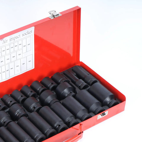 35-Piece 1/2 Inch Drive Deep Impact Socket Set With 6-Point Sockets in red box, Heavy Duty Spindle And Axle Nut Kit