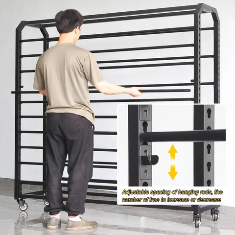 Solid Heavy Duty Adjustable Metal Fabric Roll Storage Rack Featuring Twenty Sturdy Crossbars, user adjusts rod spacing.