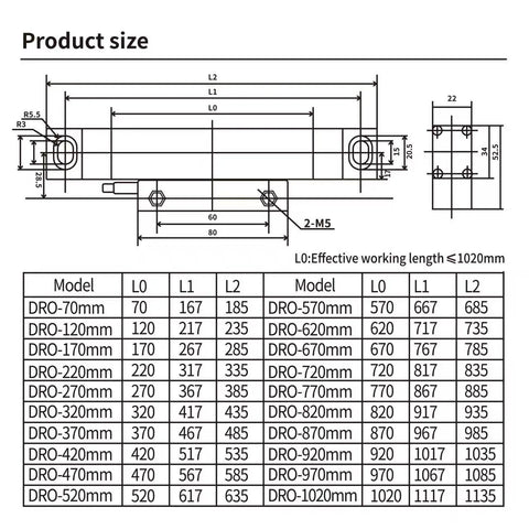 Technical diagram showing product dimensions for Two Axis Digital Readout Display For Milling Machines And Lathes With Glass Scale Precision.