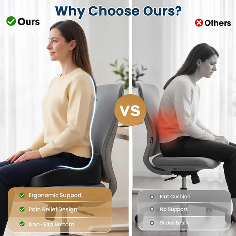 Comparison of ergonomic memory foam seat cushion for office chair and car seat versus a flat cushion showing pain relief features.