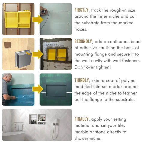 Step-by-step installation guide for Shower Niche Organizer Set For Tile Ready Bathrooms Durable ABS Recessed Shelf Two Pack