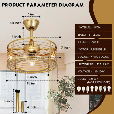 Gold Finish Caged Ceiling Fan With Light Remote Control Fandelier With Reversible Copper Motor 6 Speed Settings 18 Inch diagram