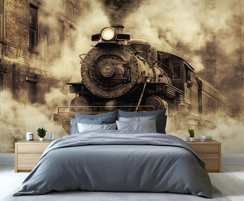 Retro Steam Train Wall Mural for Living Room and Bedroom Featuring an Old Locomotive on the Rails in HD Silk Cloth behind bed