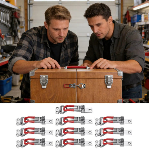 Heavy Duty Metal Latch Set With Adjustable Locking Catch Kit on wooden toolbox, showing rugged toggle buckles and secure closure.