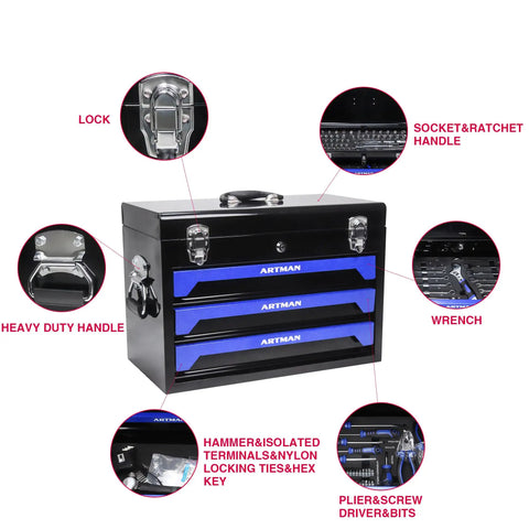 All-In-One 439 Piece Mechanics Tool Set in Heavy-Duty 3 Drawer Metal Case with labeled compartments and handles