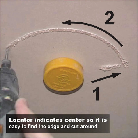 Stop Sweating Those Tricky Drywall Cutouts With This Heavy Duty Magnetic Recessed Light Layout Tool That Snaps Together Through Sheetrock To Nail Perfect Centers And Slash Guesswork Dead shows yellow locator indicating center on a wall.