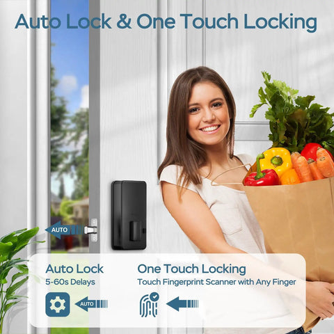 Top Tier Fingerprint Deadbolt Smart Lock With Bluetooth App Control And Steel Keys For Main Entrance shown on a door with a woman holding groceries.