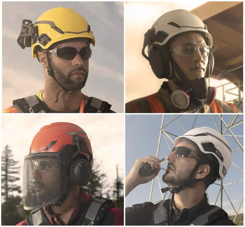Various workers wearing H1 V Gard Helmet With Fas Trac III Ratchet Suspension Polyethylene Shell for impact protection