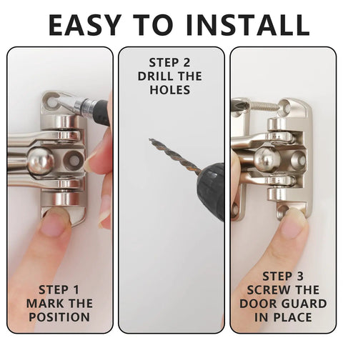 Bulletproof 4 Pack Swing Bar Door Guard installation steps showing marking, drilling, and securing in place.