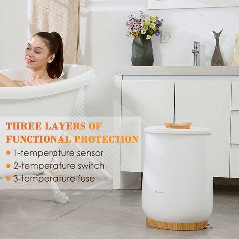 Ultra Large Bucket Towel Warmer For Bathroom With Auto Shut Off beside bathtub, highlighting three layers of functional protection.