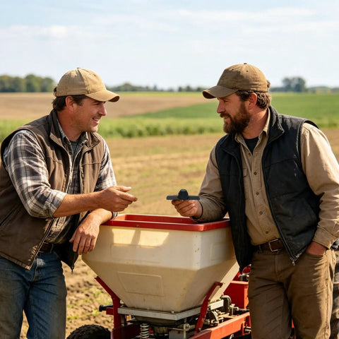 Two men discussing next to a broadcast spreader in a farm field, related to Spreader Replacement Parts With Extension Arm For Even Spreading And Uniform Mixing Upgraded Agitator Delivers Pro Grade Smooth Flow And No Clog Feeding In Industrial And Craft Settings.