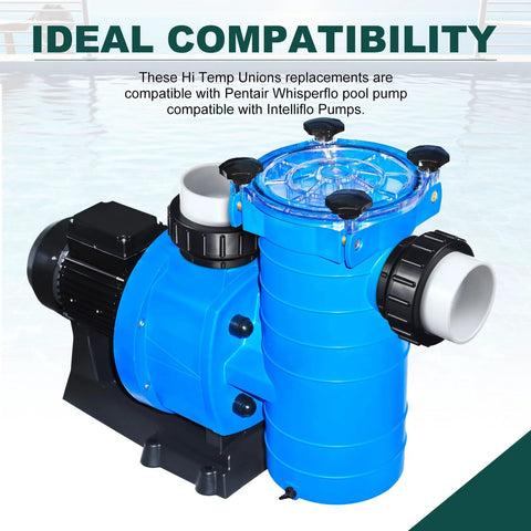 Blue pool pump with 2-inch hi-temp PVC unions and black collar clamps (front view).
