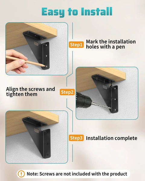 Installation guide for Heavy Duty Metal Triangle Corner Brackets For Wood showing marking, aligning, and securing steps.