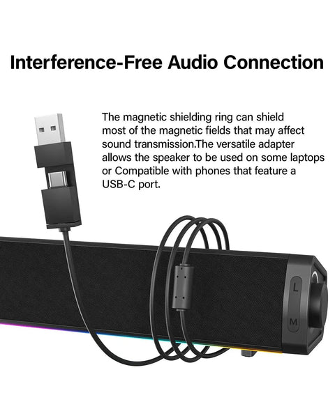 Immersive RGB Gaming Desktop Speakers With 3 Customizable Sound Modes, USB-C adapter and magnetic shielding ring displayed