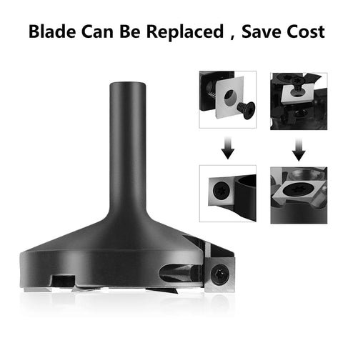 CNC Spoilboard Surfacing Router Bit Half Inch Shank 3 Inch Cutting Diameter With 2x2 Carbide Inserts showing replaceable blade detail