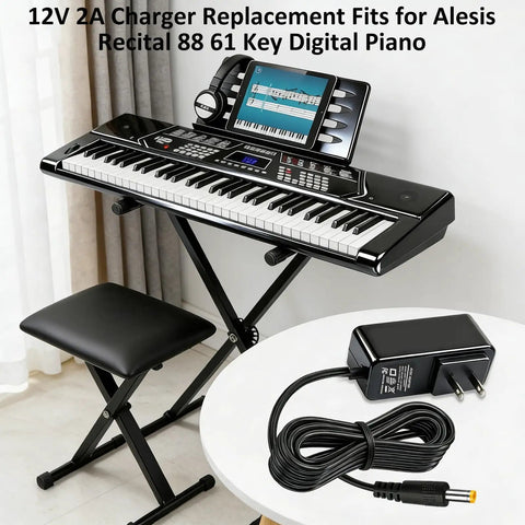 12V Replacement Charger For Recital 61 And 88 Key Digital Pianos shown next to digital piano and charger on stand