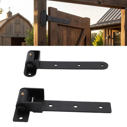 Heavy Duty Strap Gate Hinges 13 Inch Rated To Haul 900 Lbs Without Breaking A Sweat Crafted From Solid Stainless Steel For Farm Gates And Heavy Wood Doors, black finish, mounted on wooden gate.
