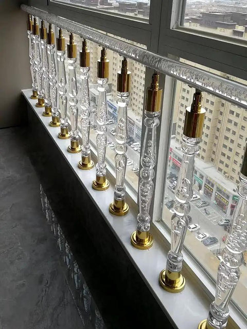 Slick Transparent Acrylic Balusters For Inside Stairs And Deck Railings Featuring Hella Tough Metal Brackets and Flex Install Posts in row.